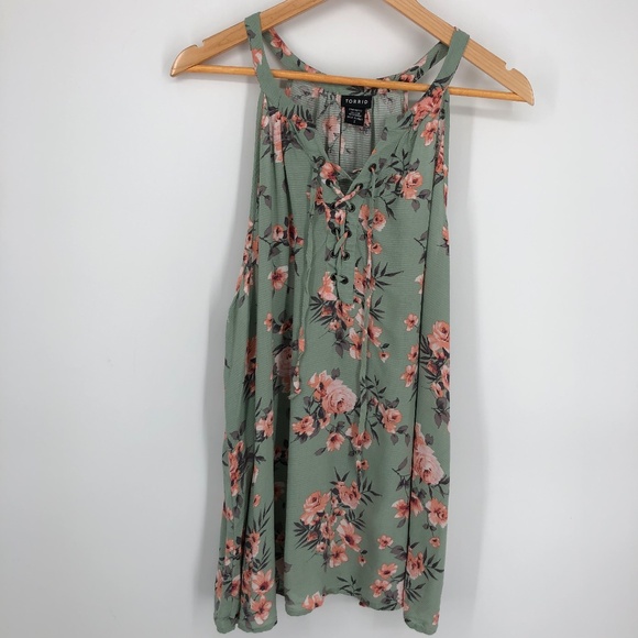 Torrid Womens Tank Top Blouse Size 2X Green Floral Lace Up Sleeveless Flowy Boho - Picture 1 of 12